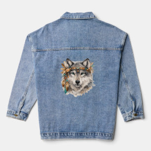 Boho Wolf Portrait Embroidered Look Zip Hoodie Denim Jacket