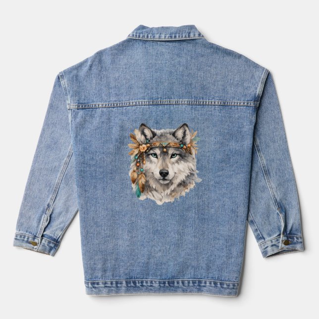 Boho Wolf Portrait Embroidered Look Zip Hoodie Denim Jacket (Back)
