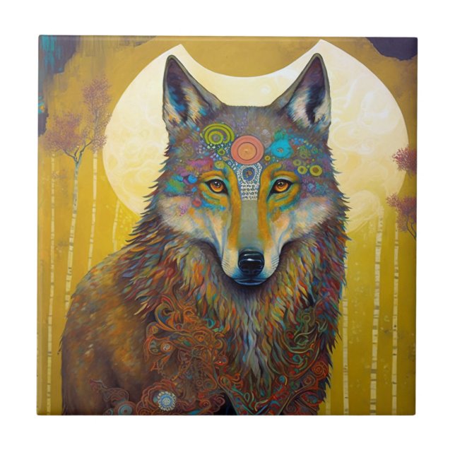 Boho Wolf Surreal Wildlife Art Ceramic Tile (Front)