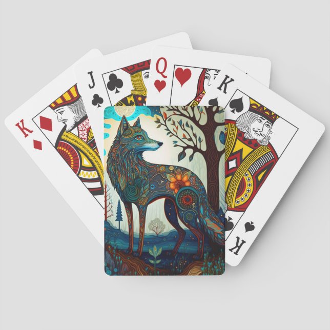 Boho Wolf Surreal Wildlife Art Playing Cards (Back)