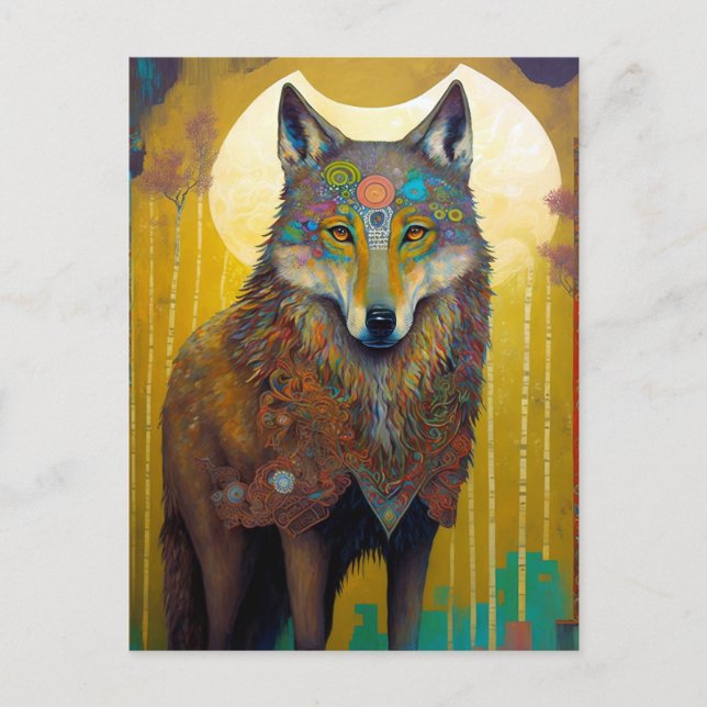 Boho Wolf Surreal Wildlife Art Postcard (Front)