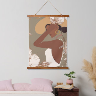 Boho Woman with Neutral Aesthetic Floral Line Art Hanging Tapestry