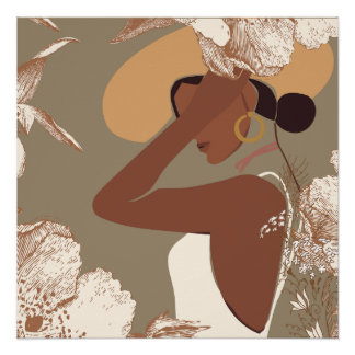 Boho Woman with Neutral Aesthetic Floral Line Art Poster