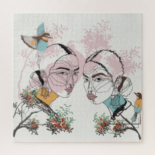 Boho Women African Asian Line Artwork Jigsaw Puzzle