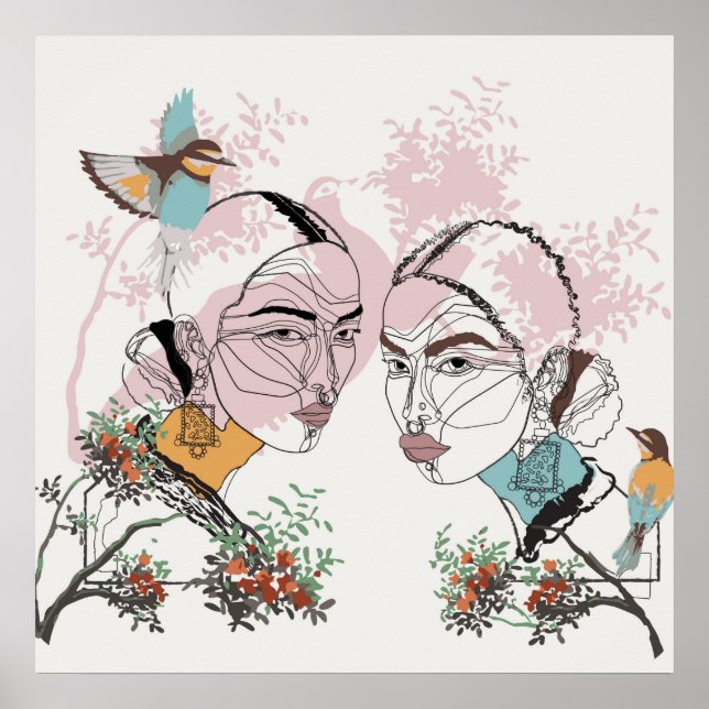 Boho Women African Asian Line Artwork Poster (Front)