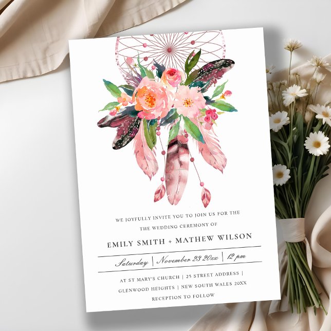 BOHO WOOD BLUSH ANTLER DREAM CATCHER FLORA WEDDING INVITATION (Creator Uploaded)