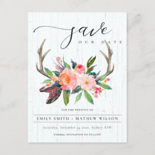BOHO WOOD BLUSH ANTLER FLORA COUNTRY SAVE THE DATE ANNOUNCEMENT POSTCARD
