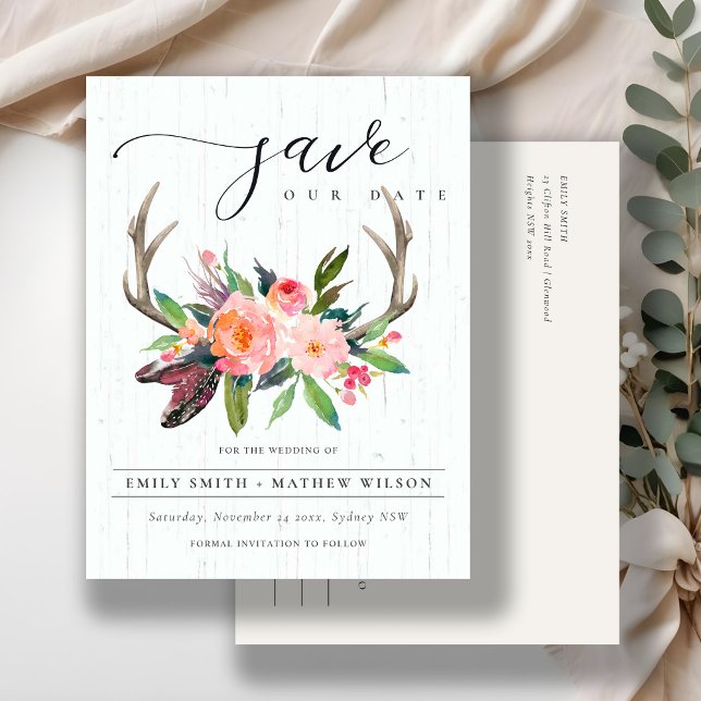 BOHO WOOD BLUSH ANTLER FLORA COUNTRY SAVE THE DATE ANNOUNCEMENT POSTCARD (Creator Uploaded)