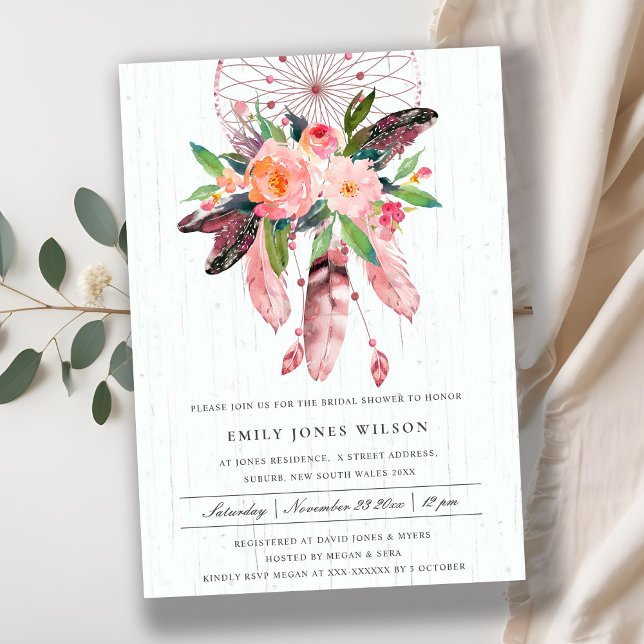 BOHO WOOD BLUSH DREAM CATCHER FLORAL BRIDAL SHOWER INVITATION (Creator Uploaded)