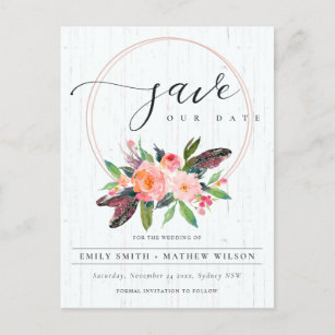 BOHO WOOD BLUSH WREATH FLORA COUNTRY SAVE THE DATE ANNOUNCEMENT POSTCARD