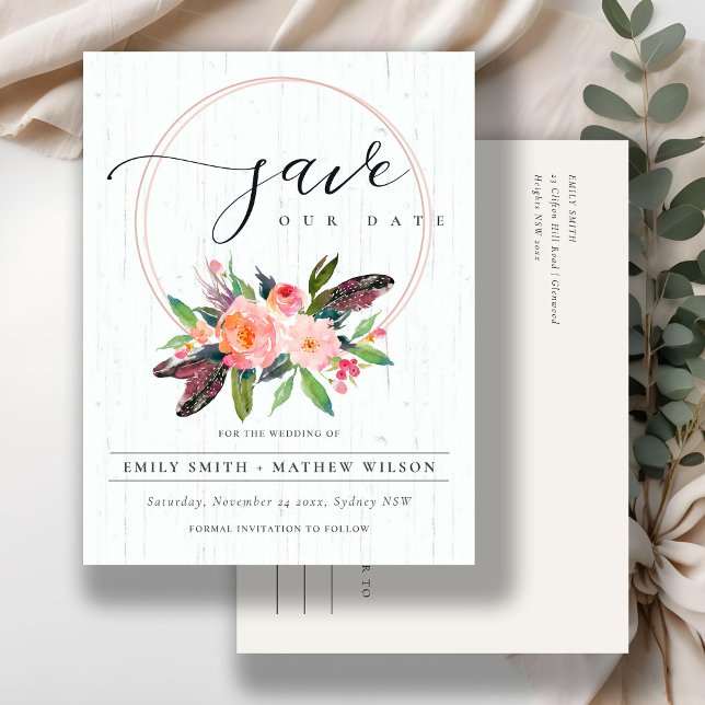 BOHO WOOD BLUSH WREATH FLORA COUNTRY SAVE THE DATE ANNOUNCEMENT POSTCARD (Creator Uploaded)