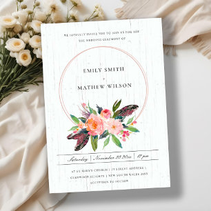 BOHO WOOD FEATHER BLUSH FLORAL WREATH WEDDING INVITATION
