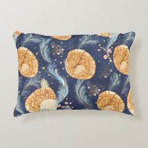 Boho Wood Grain Fan and Navy Feather Botanical Decorative Cushion