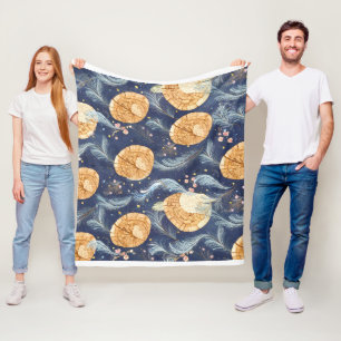 Boho Wood Grain Fan and Navy Feather Botanical Fleece Blanket