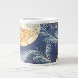 Boho Wood Grain Fan and Navy Feather Botanical Large Coffee Mug