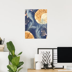 Boho Wood Grain Fan and Navy Feather Botanical Poster