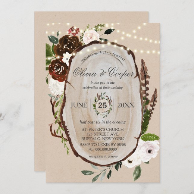 Boho Wood Slice Feather Marsala Floral Wedding  In Invitation (Front/Back)
