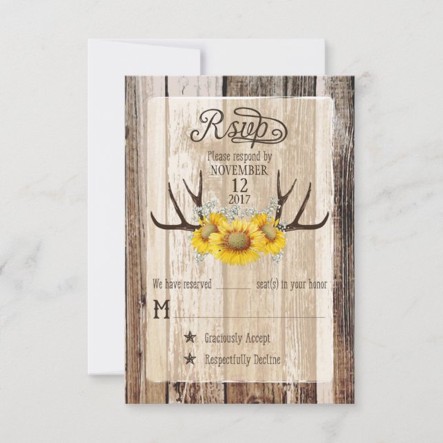 Boho Wood Sunflower Antlers Rustic RSVP Card (Front)