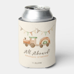 Boho Wood Train Transport Kids Birthday Can Cooler