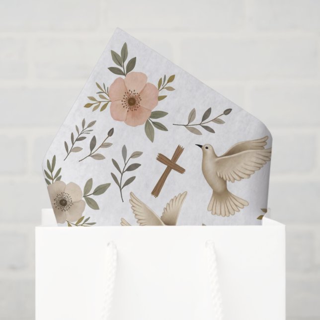 Boho Wooden Cross Dove Floral Pattern Christian Tissue Paper (Gift Bag)