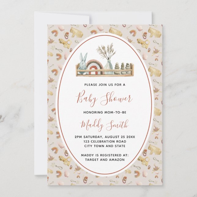 Boho Wooden Toys Terracotta Rainbow Baby Shower Invitation (Front)