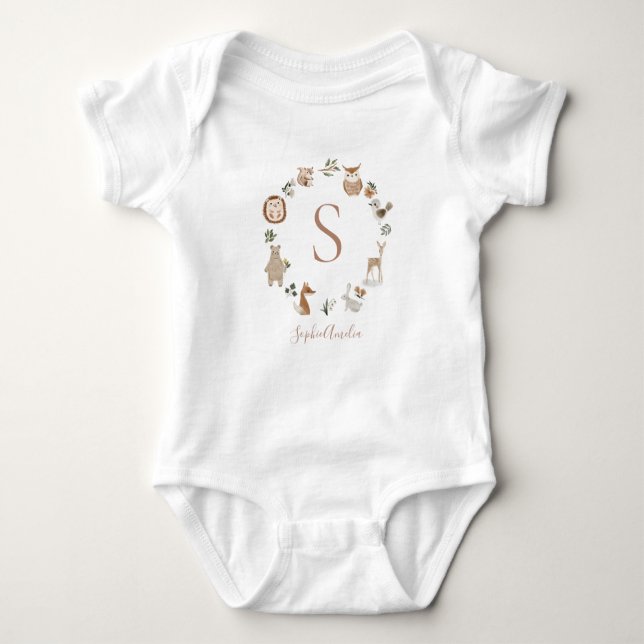 Boho Woodland Animal Wreath Personalised Baby Name Baby Bodysuit (Front)