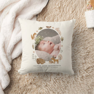 Boho Woodland Animals Baby Stats Photo Cushion