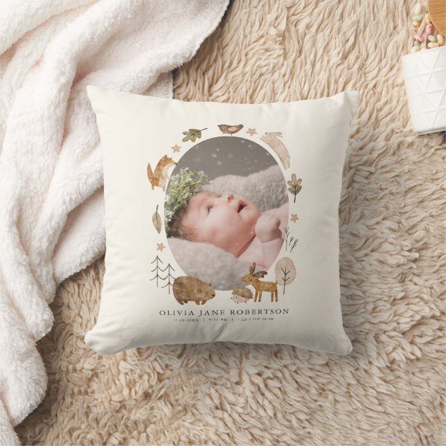 Boho Woodland Animals Baby Stats Photo Cushion (Blanket)