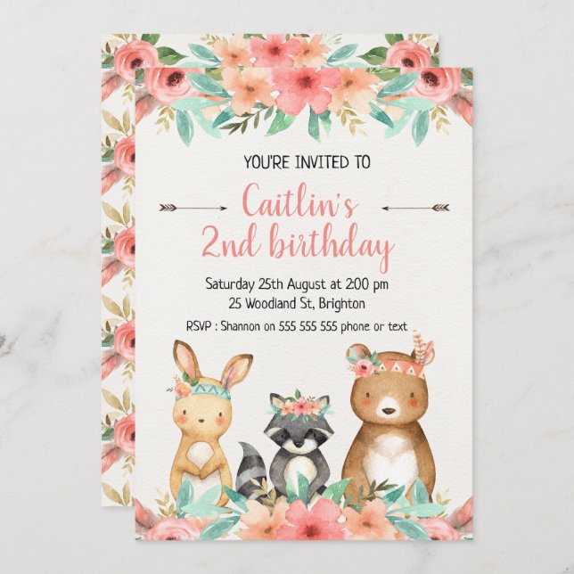 Boho Woodland Animals Birthday Invitation (Front/Back)