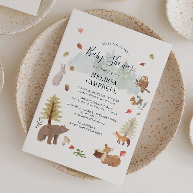 Boho Woodland Animals Fall Baby Shower Invitation (Boho Woodland Animals Rustic Fall Baby Shower Invitation featuring a bear deer fox owl rabbit)