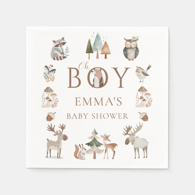 Boho Woodland Animals Oh Boy Baby Shower Napkin (Front)
