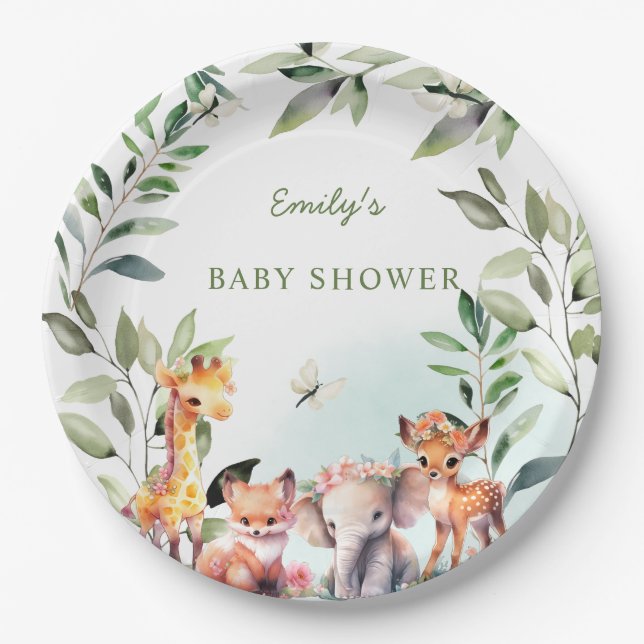 Boho Woodland Baby Shower Greenery Forest Animals  Paper Plate (Front)