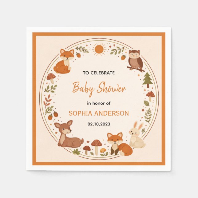 Boho Woodland Baby Shower | Rustic Forest Animals Napkin (Front)