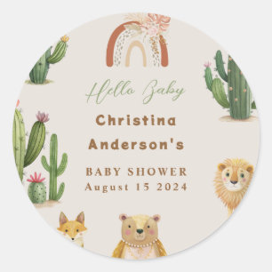 Boho Woodland Bear Lion Fox Cactus Baby Shower Classic Round Sticker