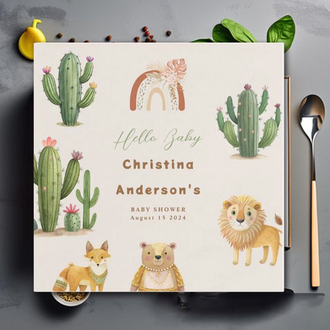 Boho Woodland Bear Lion Fox Cactus Baby Shower Napkin (Creator Uploaded)