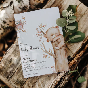 Boho Woodland Bear & Tree Baby Shower Invitation