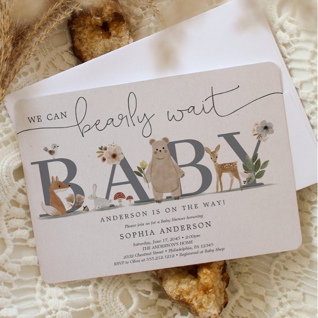 Boho Woodland Bearly Wait Bear Baby Shower Invitation (Creator Uploaded)