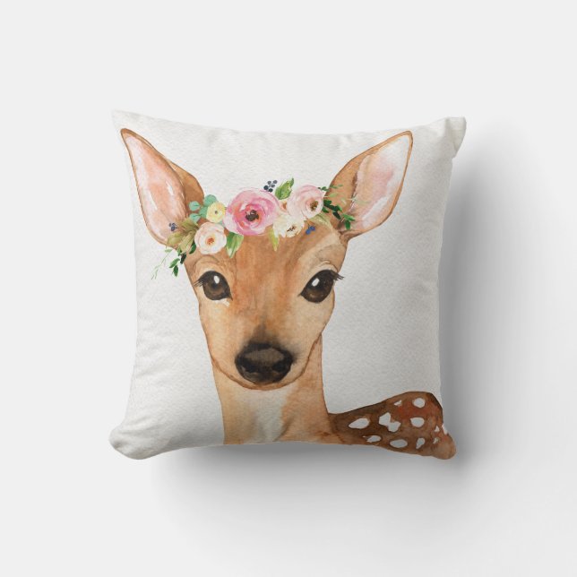 Boho Woodland Deer Baby Girl Nursery Floral Pillow (Front)