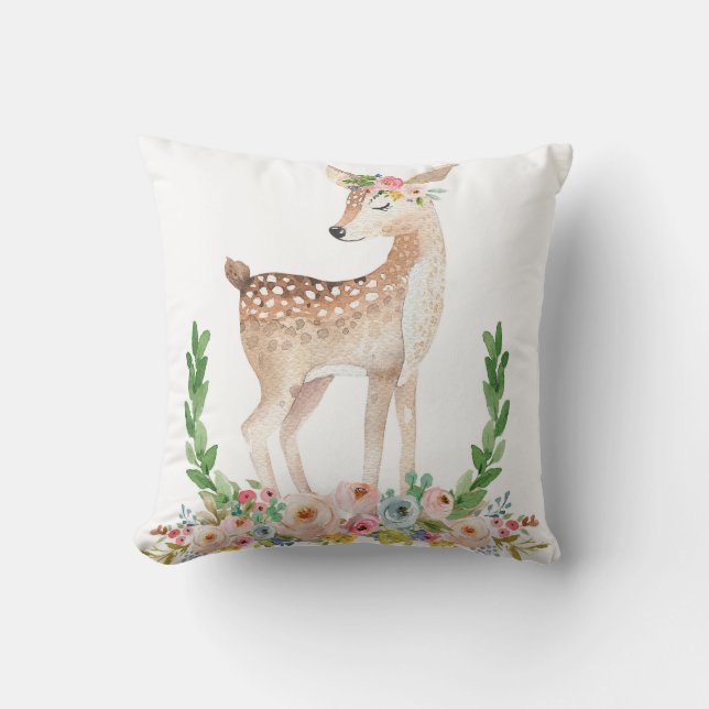 Boho Woodland Deer Baby Nursery Floral Pillow (Front)