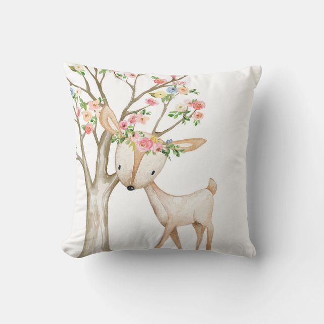 Boho Woodland Floral Deer Baby Girl Nursery Pillow (Front)