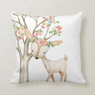 Boho Woodland Floral Deer Baby Girl Nursery Pillow