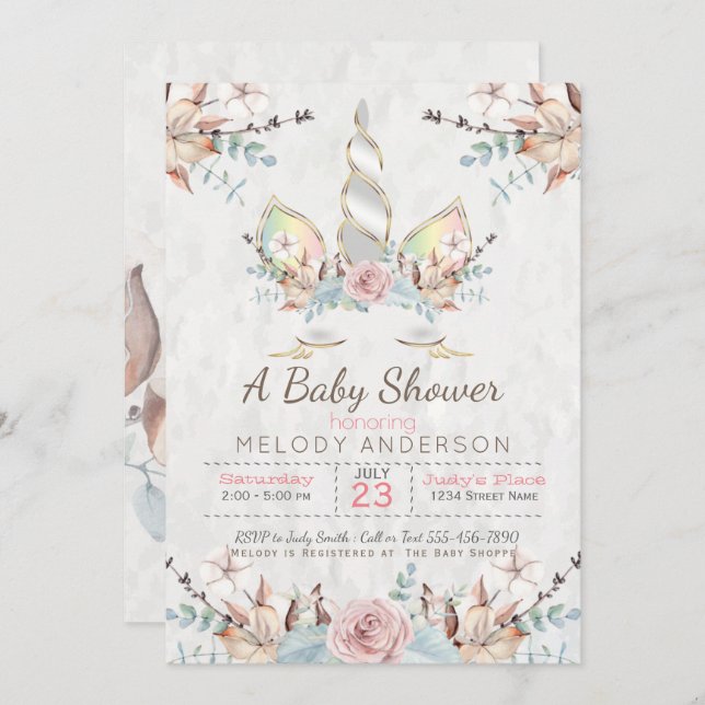 BOHO Woodland Floral Unicorn Baby Shower Soft Grey Invitation (Front/Back)