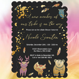 Boho Woodland Forest Animals Metallic Baby Shower Invitation