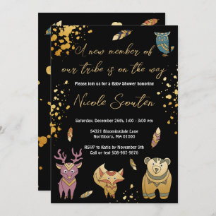 Boho Woodland Forest Animals Metallic Baby Shower Invitation