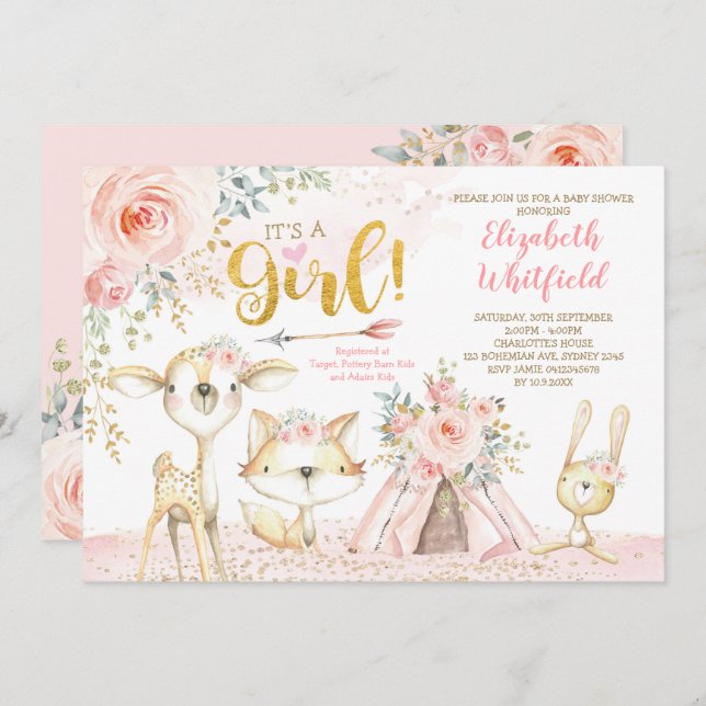 Boho Woodland Forest Pink Gold Floral Baby Shower Invitation (Front/Back)