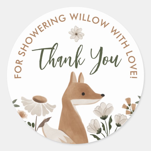 Boho Woodland Fox Baby Shower Round Favour Sticker (Front)