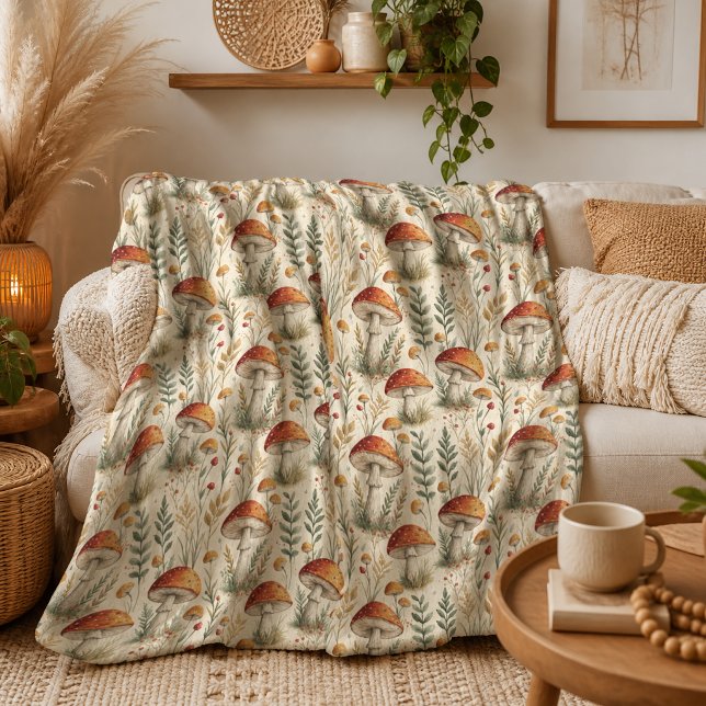 Boho Woodland Mushroom Pattern Fleece Blanket (Creator Uploaded)