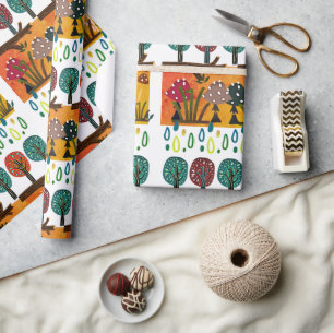 Boho Woodland Mushrooms Trees Pattern Green White Wrapping Paper