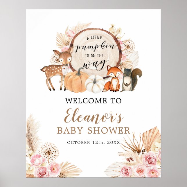 Boho Woodland Pumpkin Baby Shower Welcome Sign (Front)