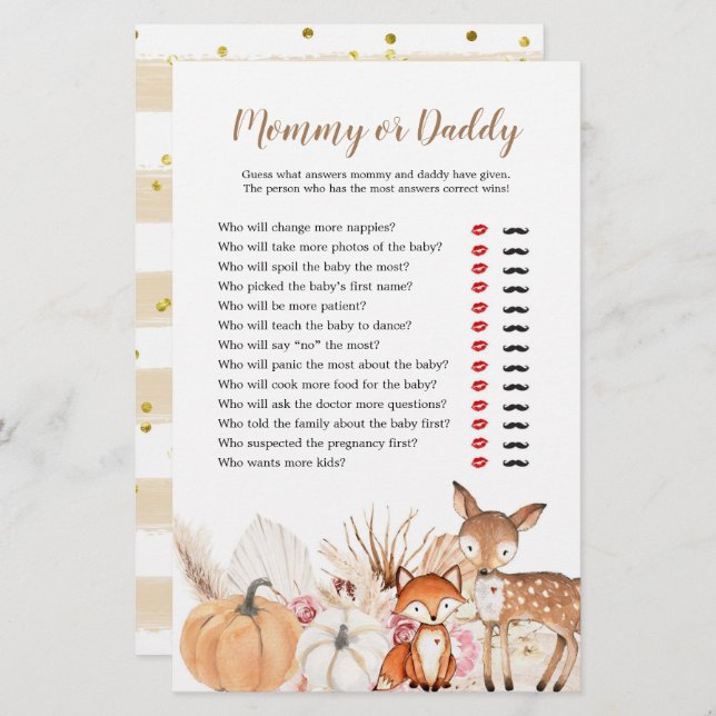 Boho Woodland Pumpkin Mummy or Daddy Games (Front/Back)